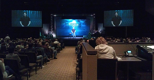 Example of a very large center screen with a projected pastor (about 8 1/2 feet tall on the screen) that provides the suspension of disbelief for the viewer