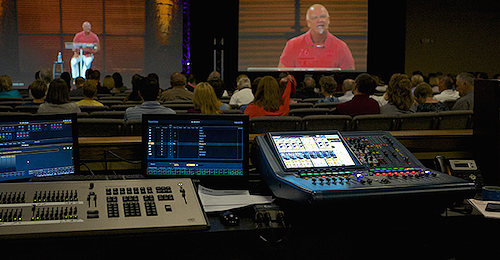 Example of a center screen with a ‘larger-than-life’ teaching pastor sitting on a stool.