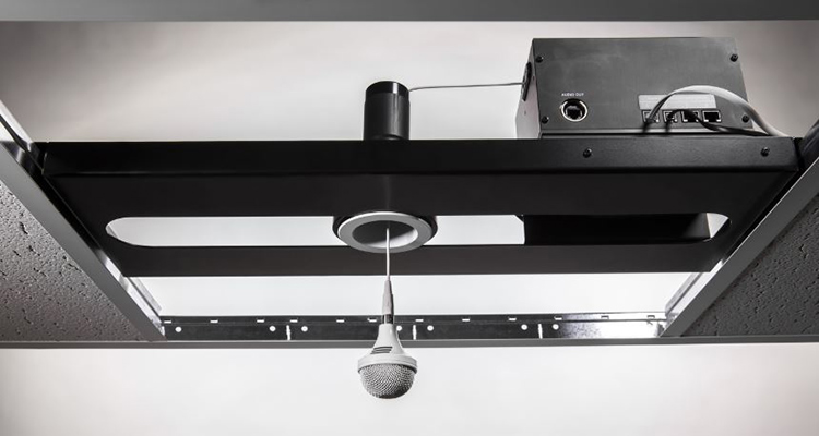 Clockaudio to Demo Retractable, Motorized Ceiling Tri Element Hanging Microphone Array