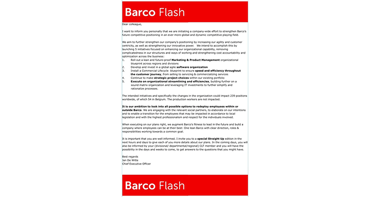 Barco Intends to “Redeploy” Up to 239 Positions (AKA, People)