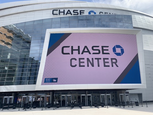 Outdoor LED display on the side of Chase Center in San Francisco, part of the Samsung Chase Center partnership