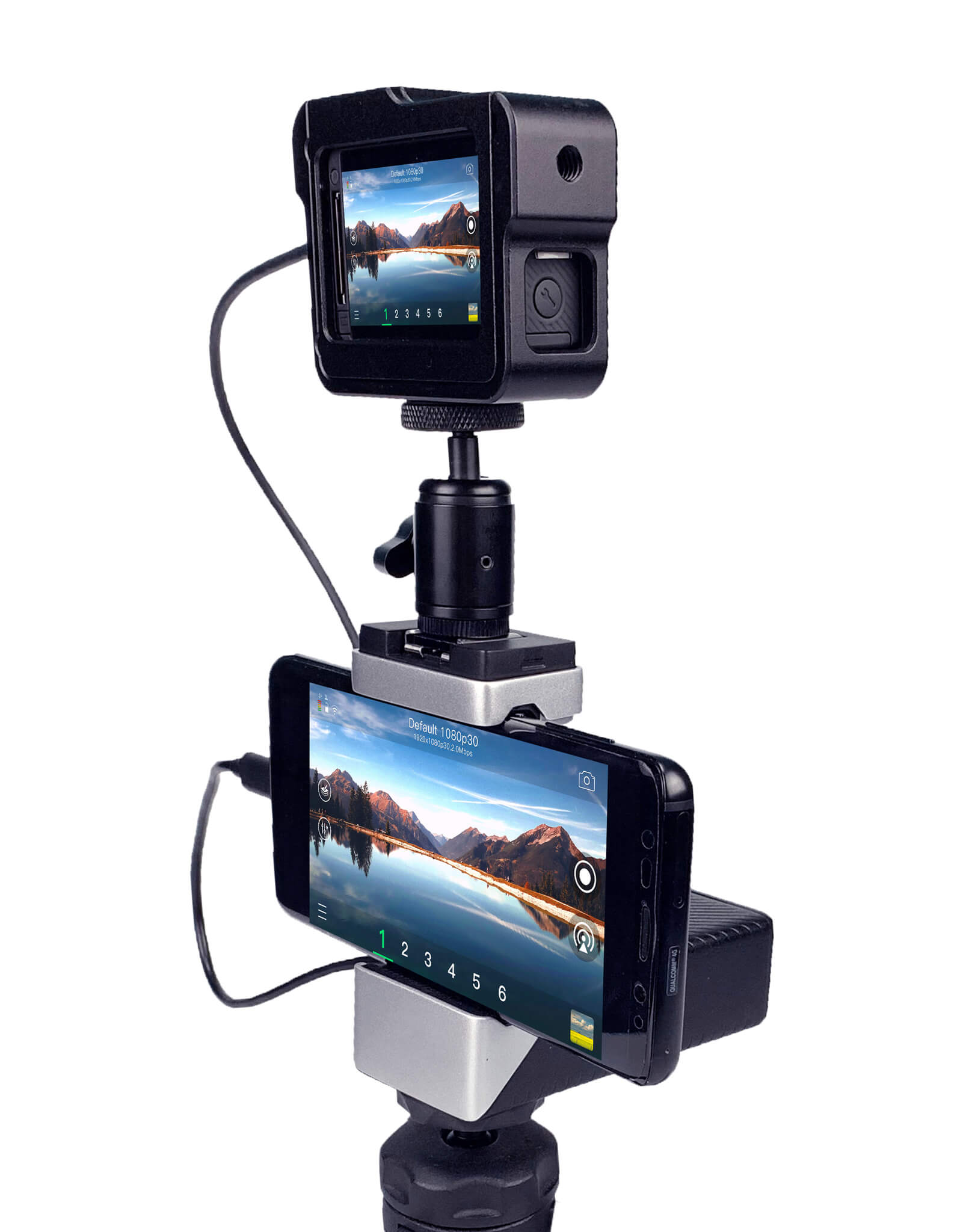 a smart phone with a monitor mounted on top