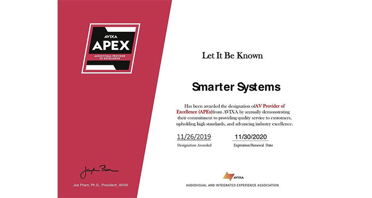 Smarter Systems Designated as AV Provider of Excellence (APEx) from AVIXA