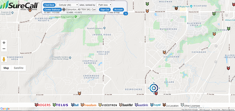 A map of all Loxcel cellular towers near Edmonton, Alberta, Canada.