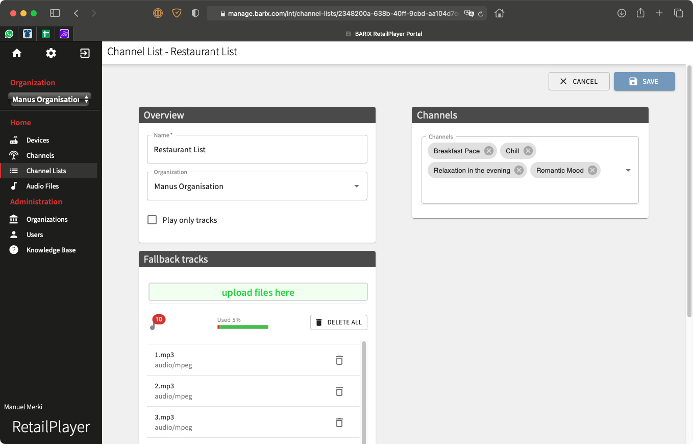 Barix RetailPlayer Portal Channel Lists