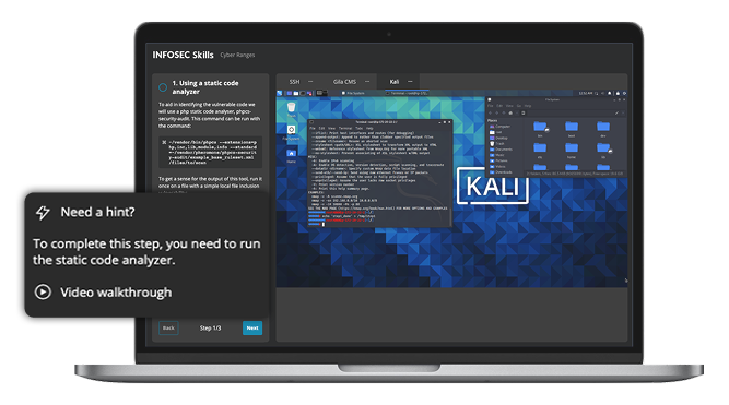 Infosec Skills cyber range hint pop out May 2021