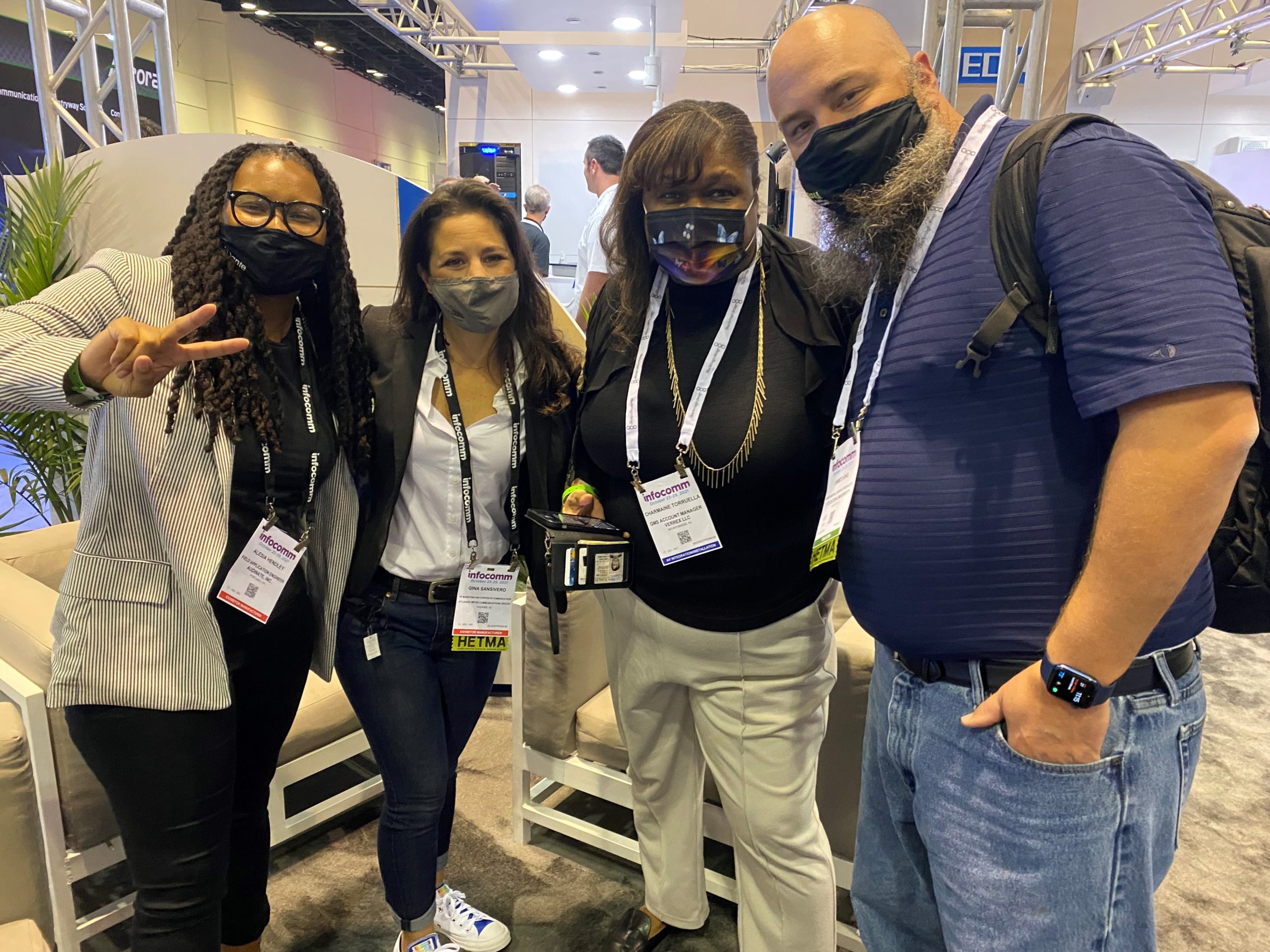 Alesia Hendley, Gina Sansivero, Charmaine Torruella and James King in the AtlasIED booth at InfoComm 2021 Alesia Hendley, Gina Sansivero, Charmaine Torruella and James King in the AtlasIED booth at InfoComm 2021