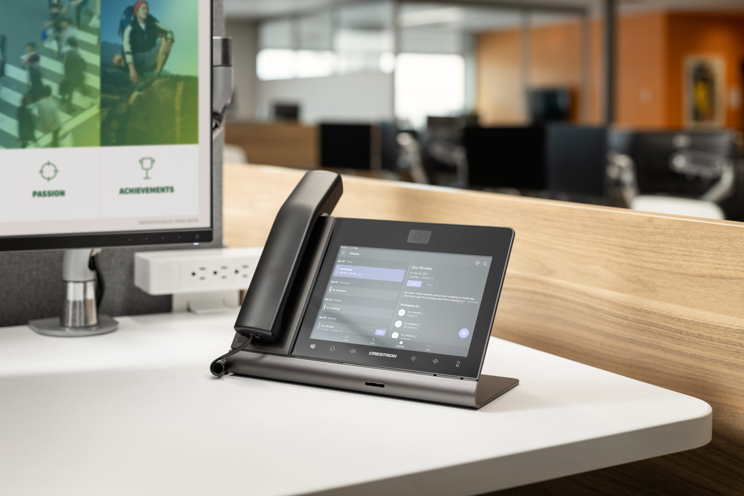 Crestron Flex Phones for Microsoft Teams Tabletop with Handset Silver Calendar UI 1 scaled 1