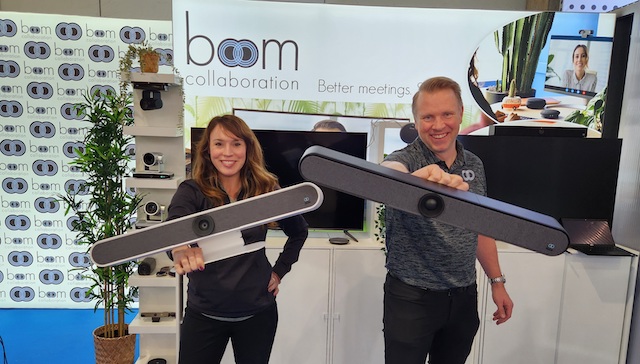 Boom founders founders Fredrik Hörnkvist and Holli Hulett demonstrate the HALO video bars Boom founders founders Fredrik Hörnkvist and Holli Hulett demonstrate the HALO video bars