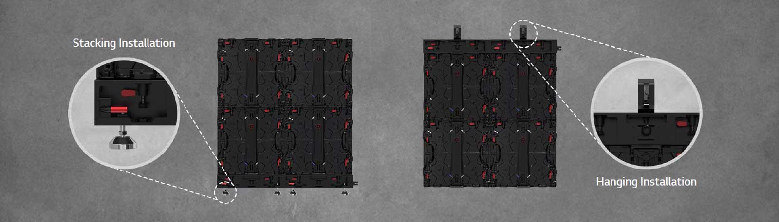 The part where the cabinet can be installed either as stacking or hanging is enlarged and shown.