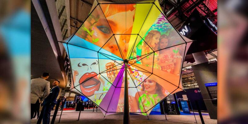 Green Hippo and Epson Projection-Map 8-Sided Giant Umbrella at ISE 2024