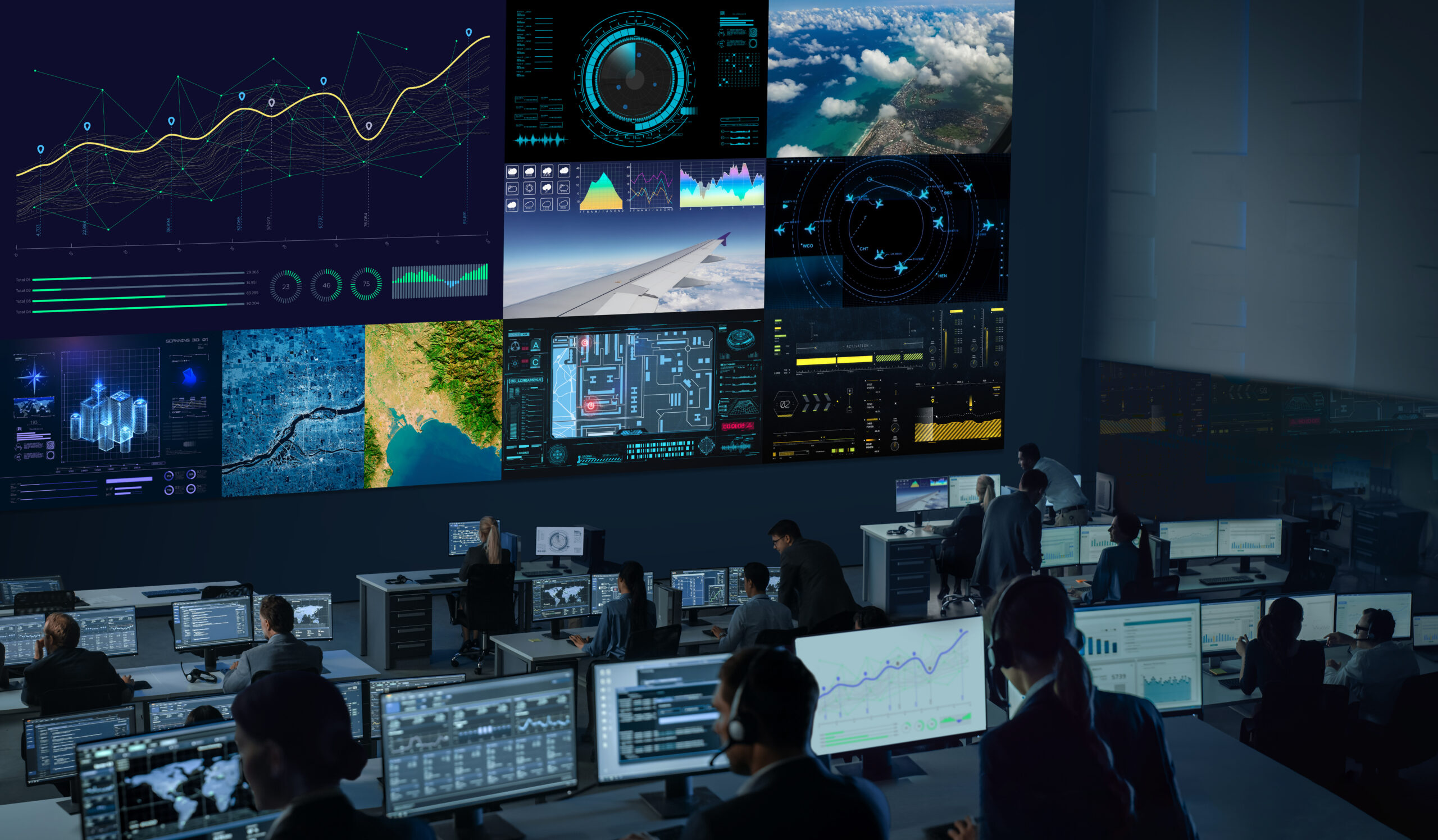 Professional Traders Working in a Modern Monitoring Office with Live Analytics Feed on a Big Digital Screen. Monitoring Room with Brokers and Finance Specialists Sit in Front of Computers.