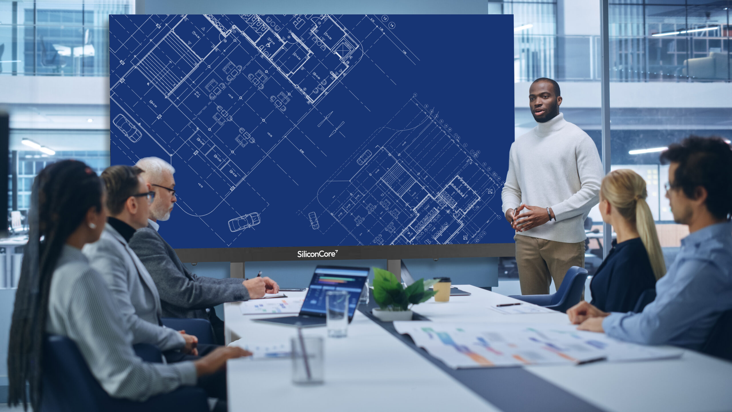 Office Conference Room Meeting Presentation: Charismatic Black Businessman Talks, Uses Green Screen Chroma Key Wall TV. Successfully Presenting a e Commerce Product to Group of Multi Ethnic Investors
