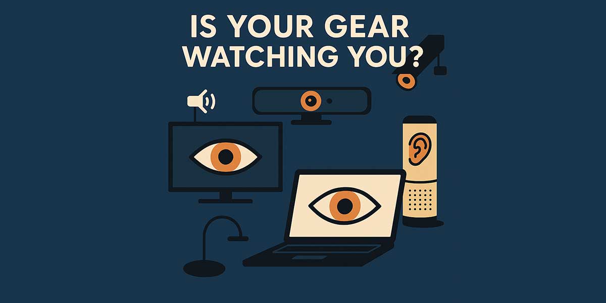 is your av gear watching you Illustration of AV devices with eyes and ears symbolizing data surveillance in meeting rooms